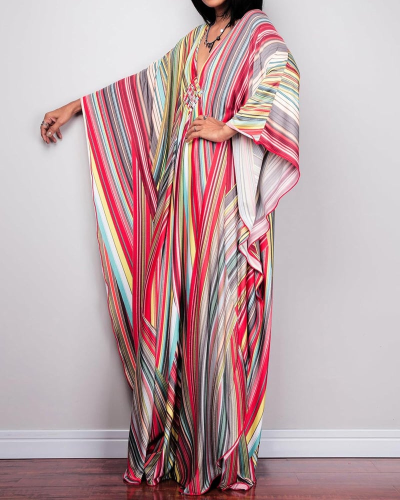 Bsubseach Women Ethnic Print Kaftan Beach Dress Plus Size Swimsuit Cover Up - Image 2